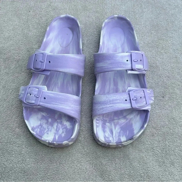 Women’s Size 9 Purple and  White Plastic Sandals - Picture 1 of 3